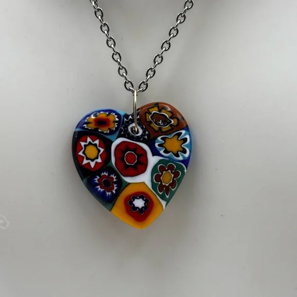 Millefiori Murano Glass Heart Pendant Necklace - Picture 5 of 10